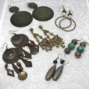 Bundle lot 6 antique brass tone boho festival style earrings dangle drop long.